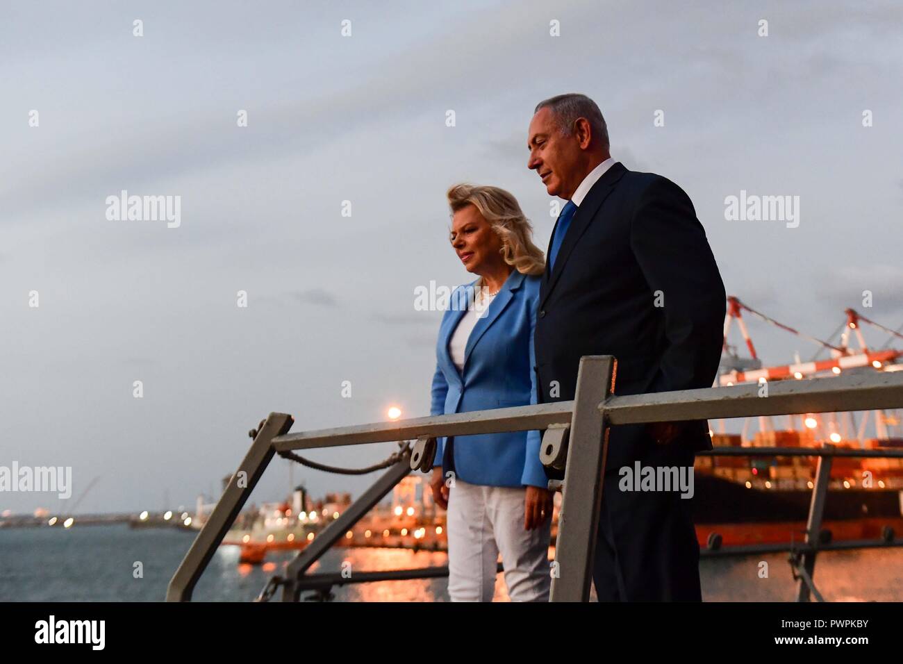 Israeli Prime Minister Benjamin Netanyahu and his wife Sara Netanyahu, look out from aboard the Arleigh Burke-class guided-missile destroyer USS Ross during a port visit October 11, 2018 in Ashdod, Israel. Stock Photo