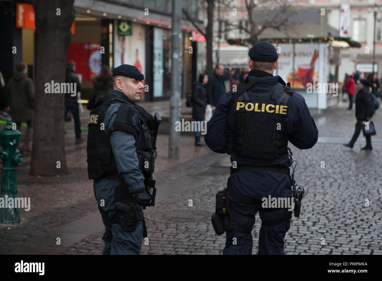 Prague, December 25, 2017: Police patrol the streets while celebrating Christmas. Protection of citizens. Stock Photo