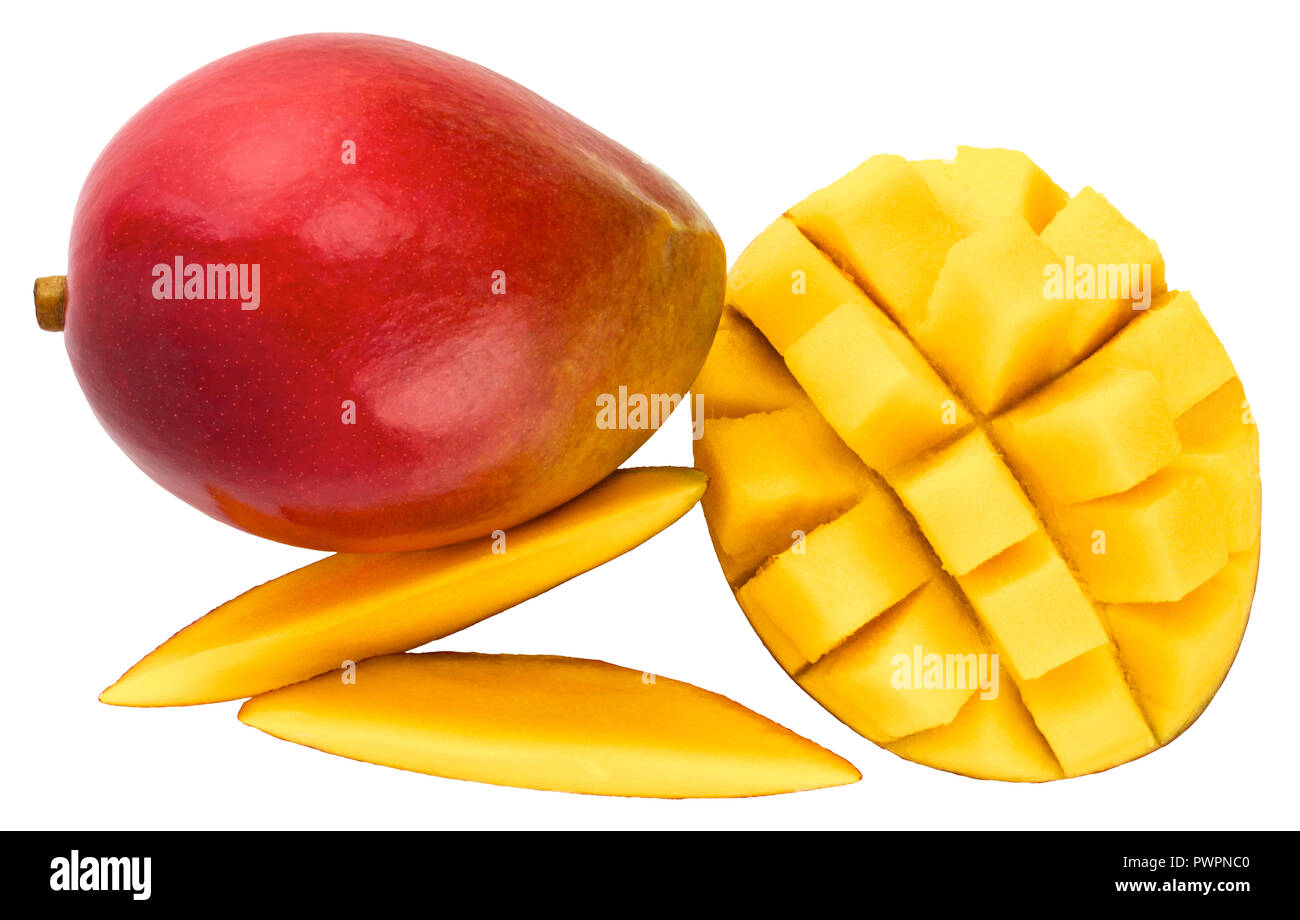Mango fruit with mango cubes and slices. Isolated on a white background. Stock Photo