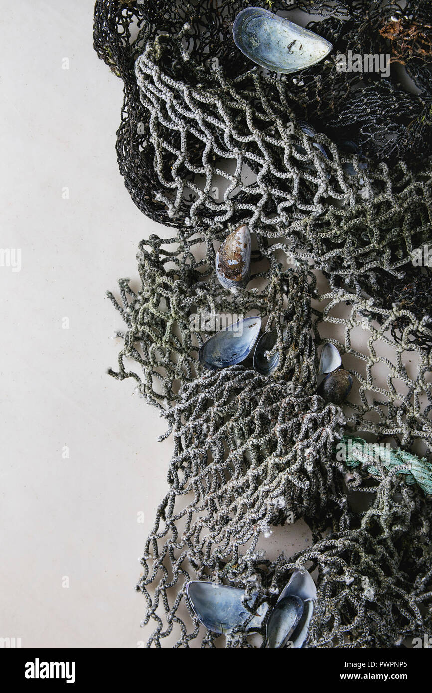 Old different sea fishing nets with empty seashells over white marble