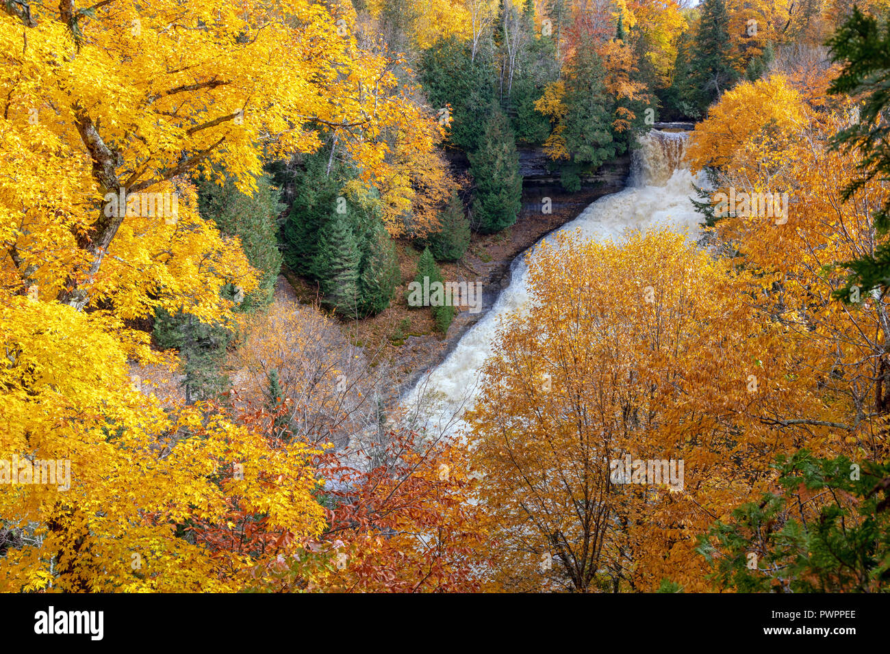 Laughing Whitefish Falls is surrounded by blazing autumn foliage, near Munising Michigan Stock Photo