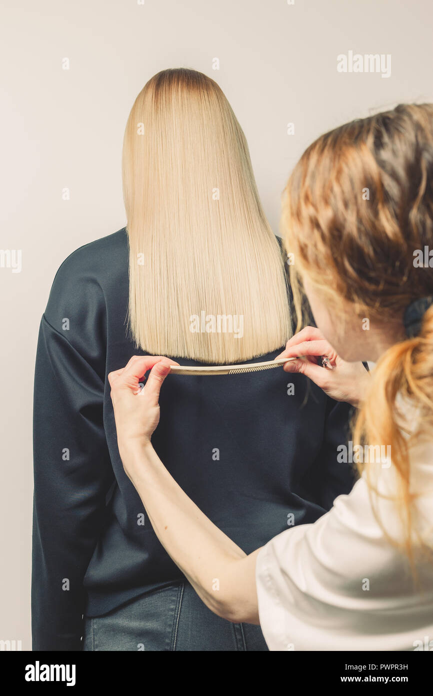 Hairdresser Combs Her Clients Long Blond Hair In Hair Salon Checking The Line Of Haircut Stock Photo Alamy