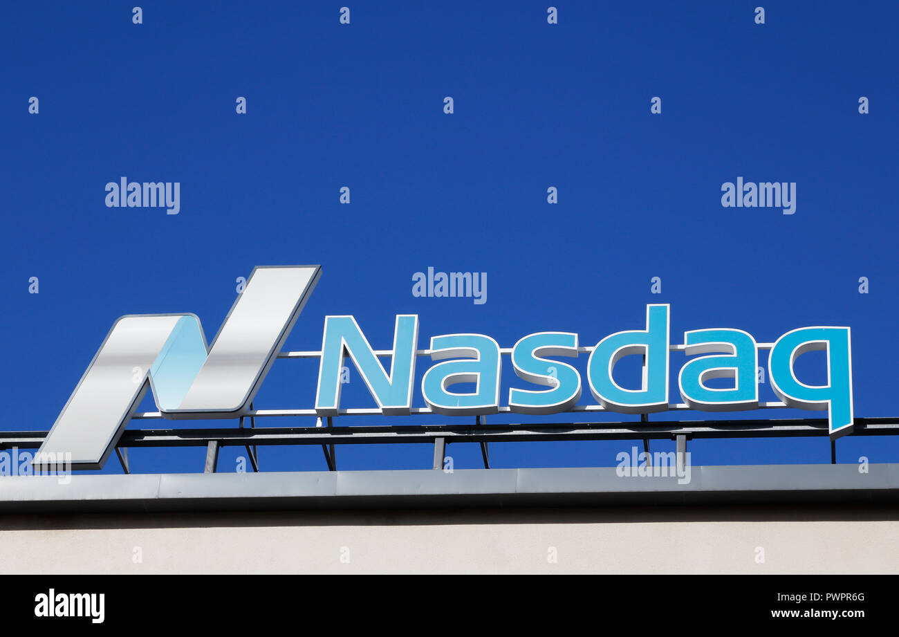 Stockholm, Sweden - July 4, 2016: Close-up of the Nasdaq stock exchange sign located at Stockholm branch. Stock Photo