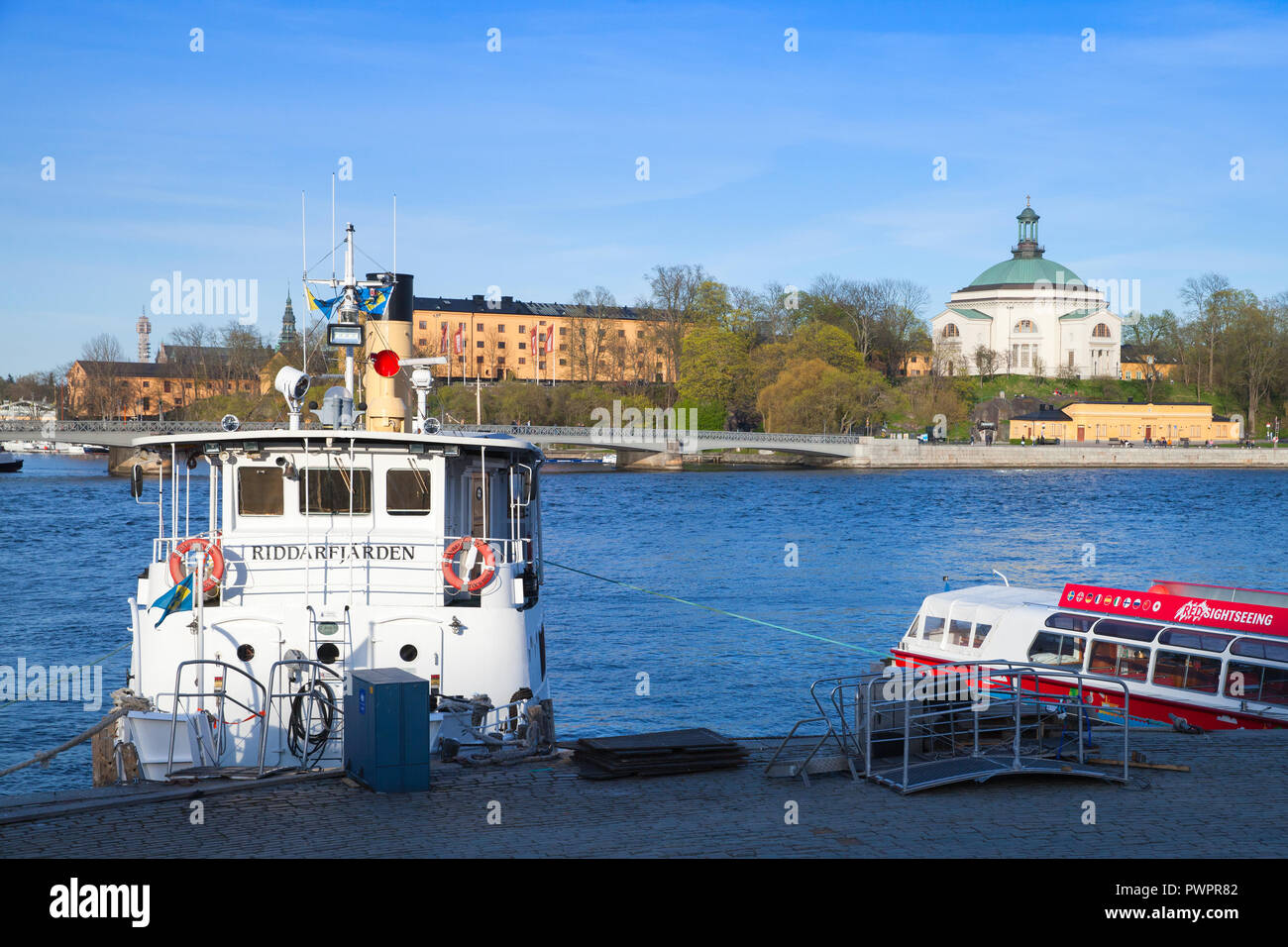 Stockholm, Sweden - May 3, 2016: Passenger ferries moored in Stockholm city Stock Photo