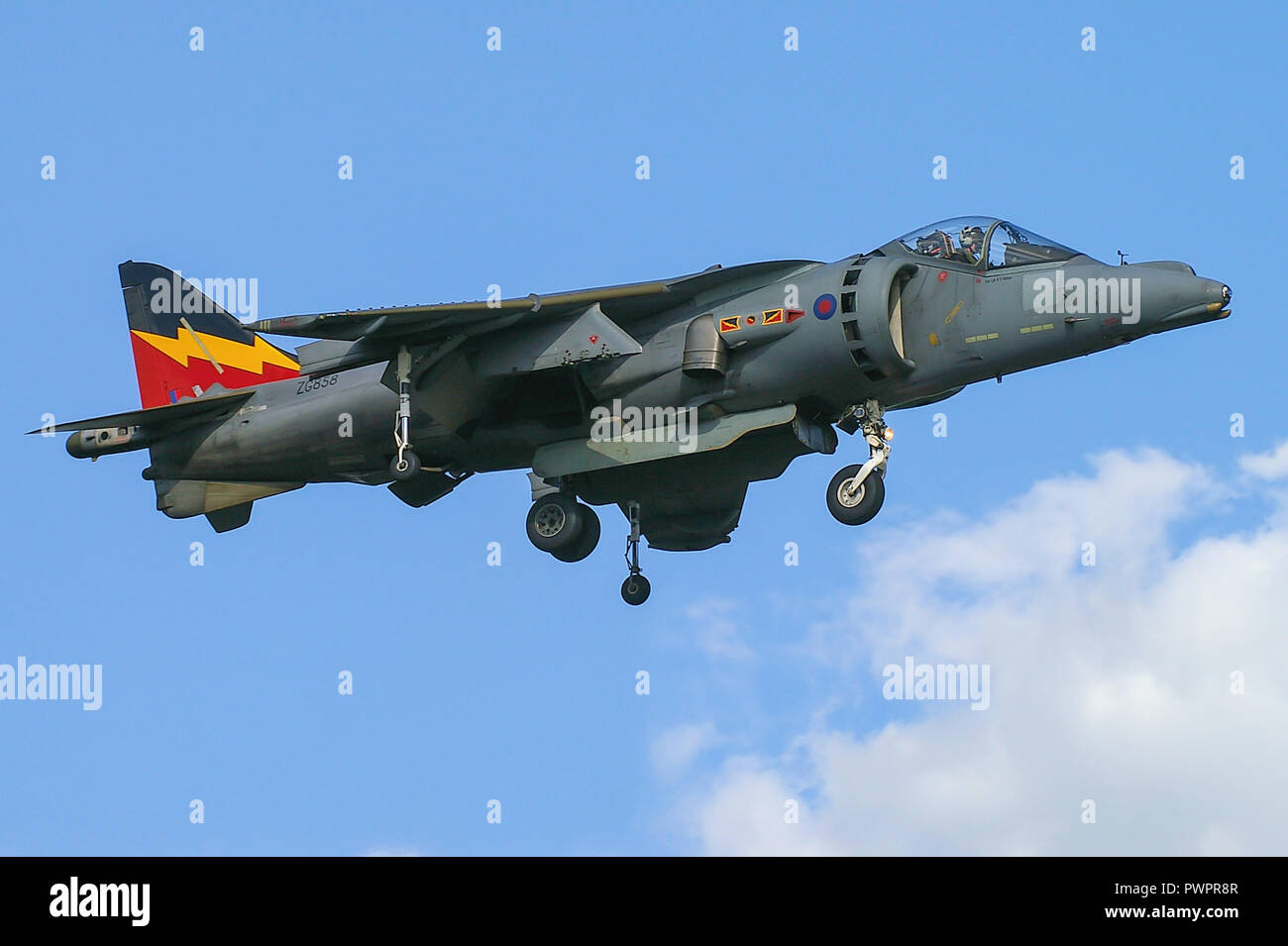 RAF, Royal Air Force BAe Harrier GR9 jump jet fighter plane hovering, flying at an airshow