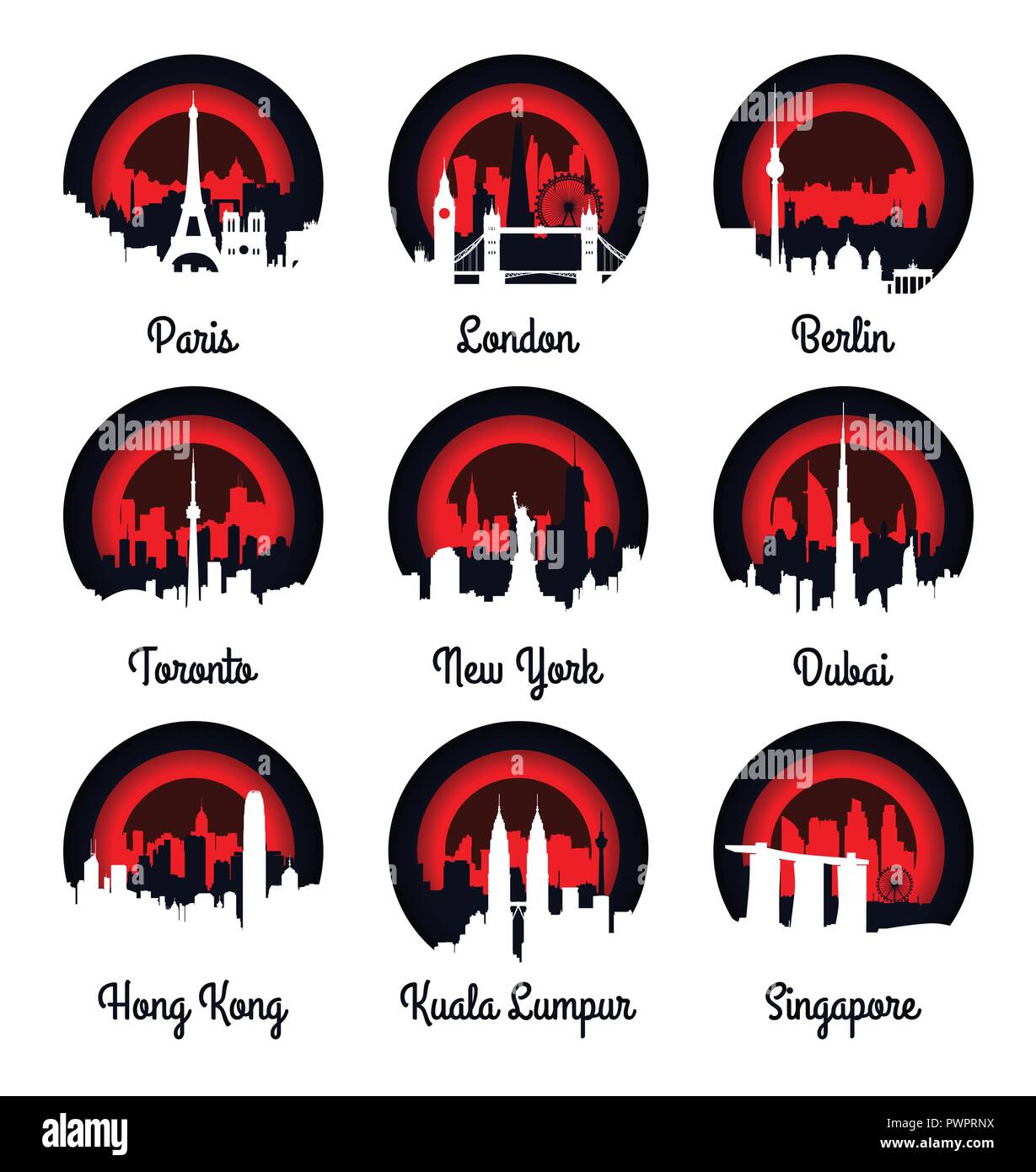 Emblems and badge city skyline vector illustration set of vector city silhouettes Stock Vector
