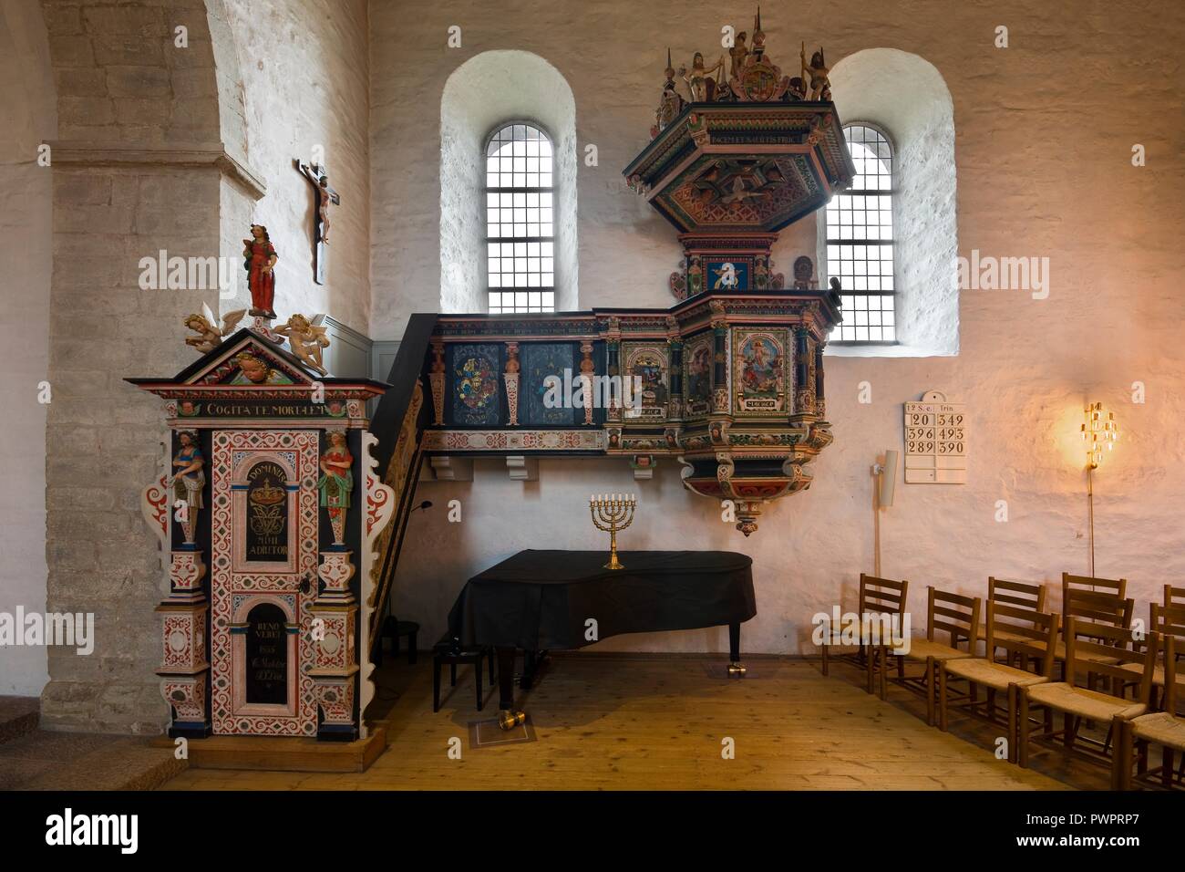 AAKIRKEBY, DENMARK - AUGUST 19, 2018: View of a Renaissance pulpit in Aa church. It is the biggest and oldest church on the Bornholm island. Stock Photo