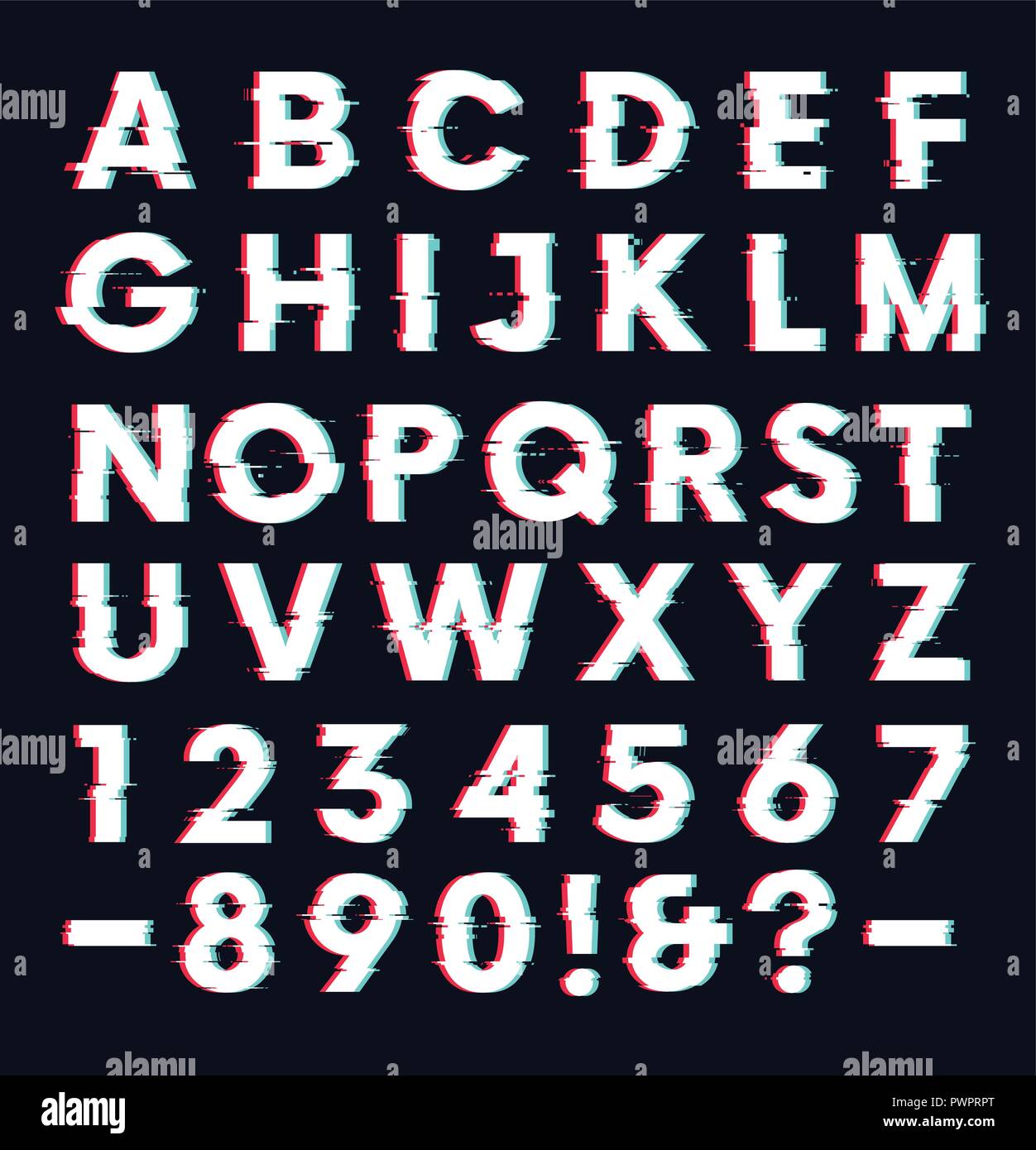 Glitch font with distortion effect vector letters and numbers, dark background template for your design Stock Vector