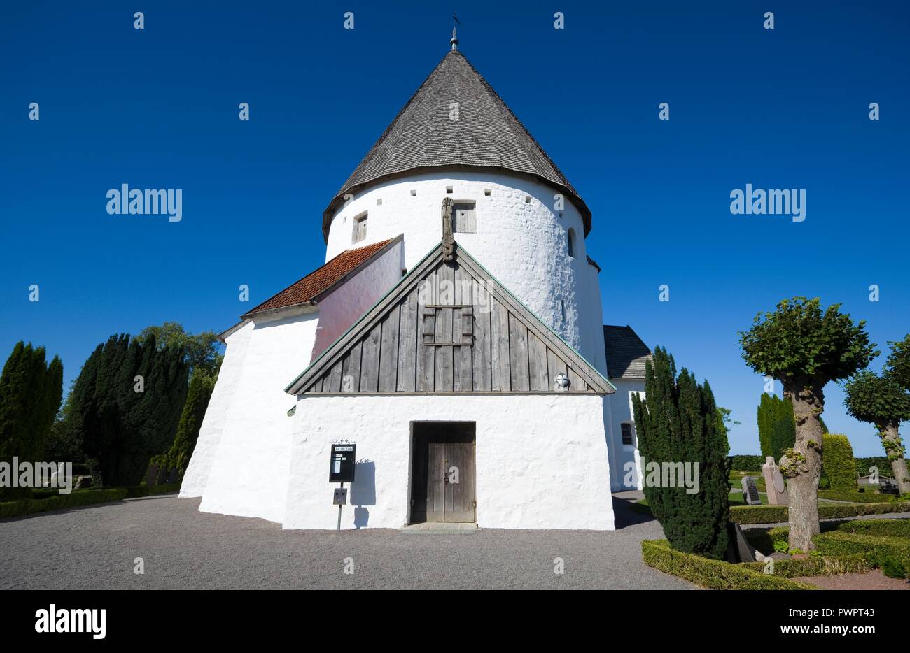 Defensive round church in Olsker, Bornholm, Denmark. It is one of four