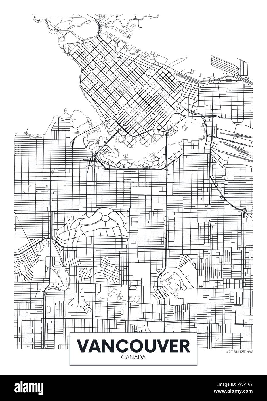 Detailed vector poster city map Vancouver detailed plan of the city, rivers and streets Stock Vector