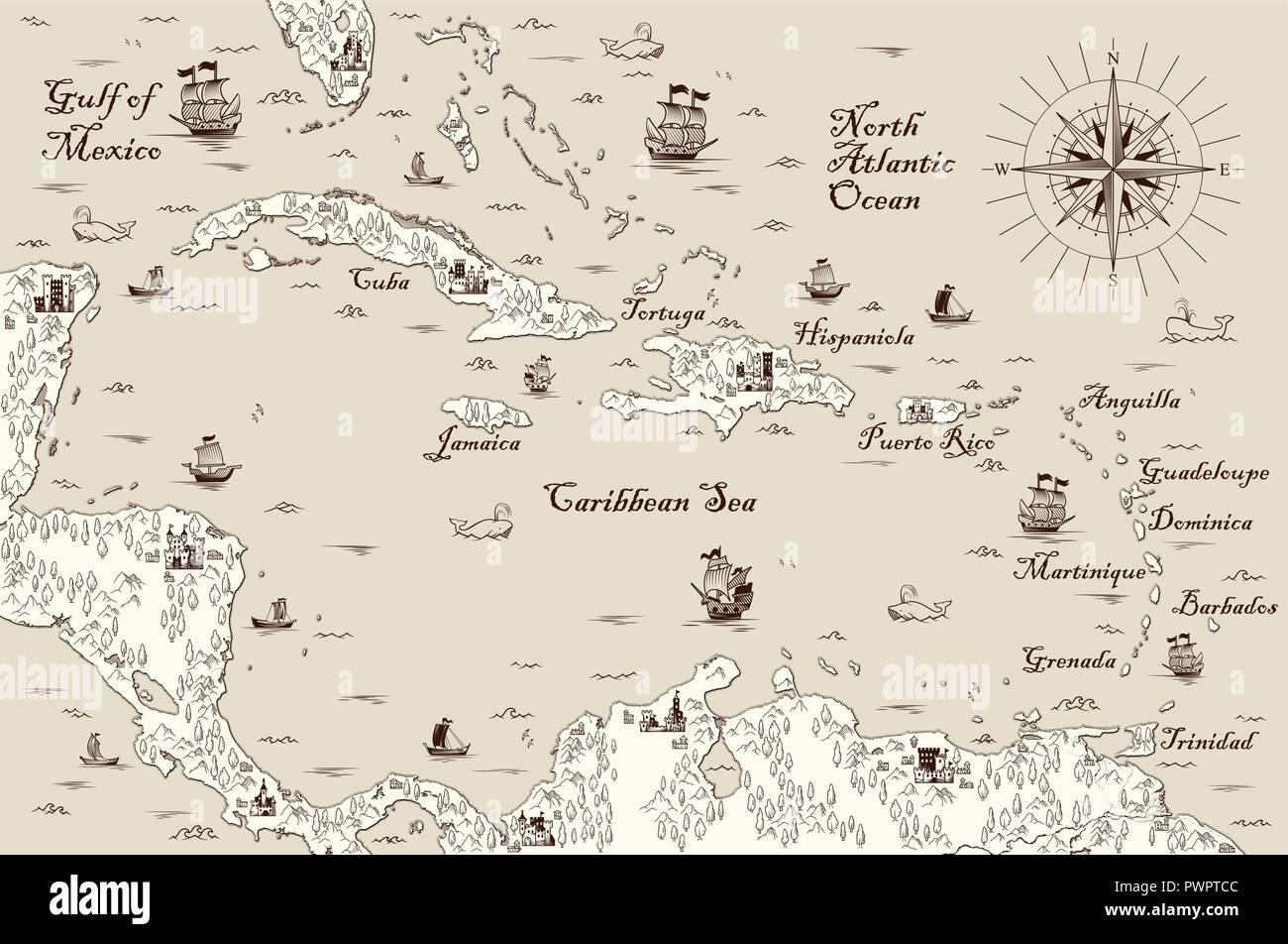 Old map of the Caribbean Sea, Vector illustration template for your design Stock Vector