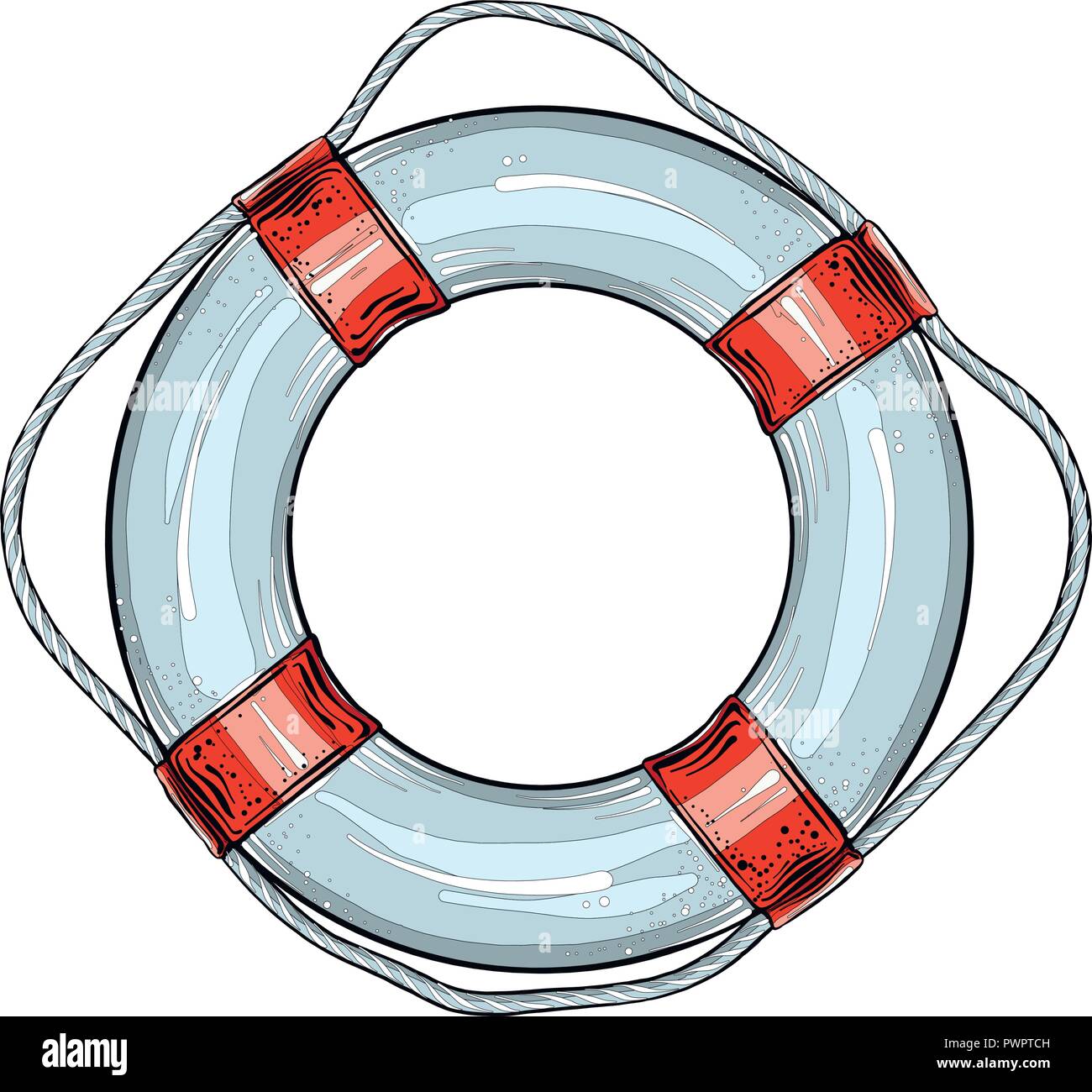 Hand drawn sketch of lifebuoy in red and blue color, isolated on white background. Detailed vintage style drawing. Vector illustration Stock Vector
