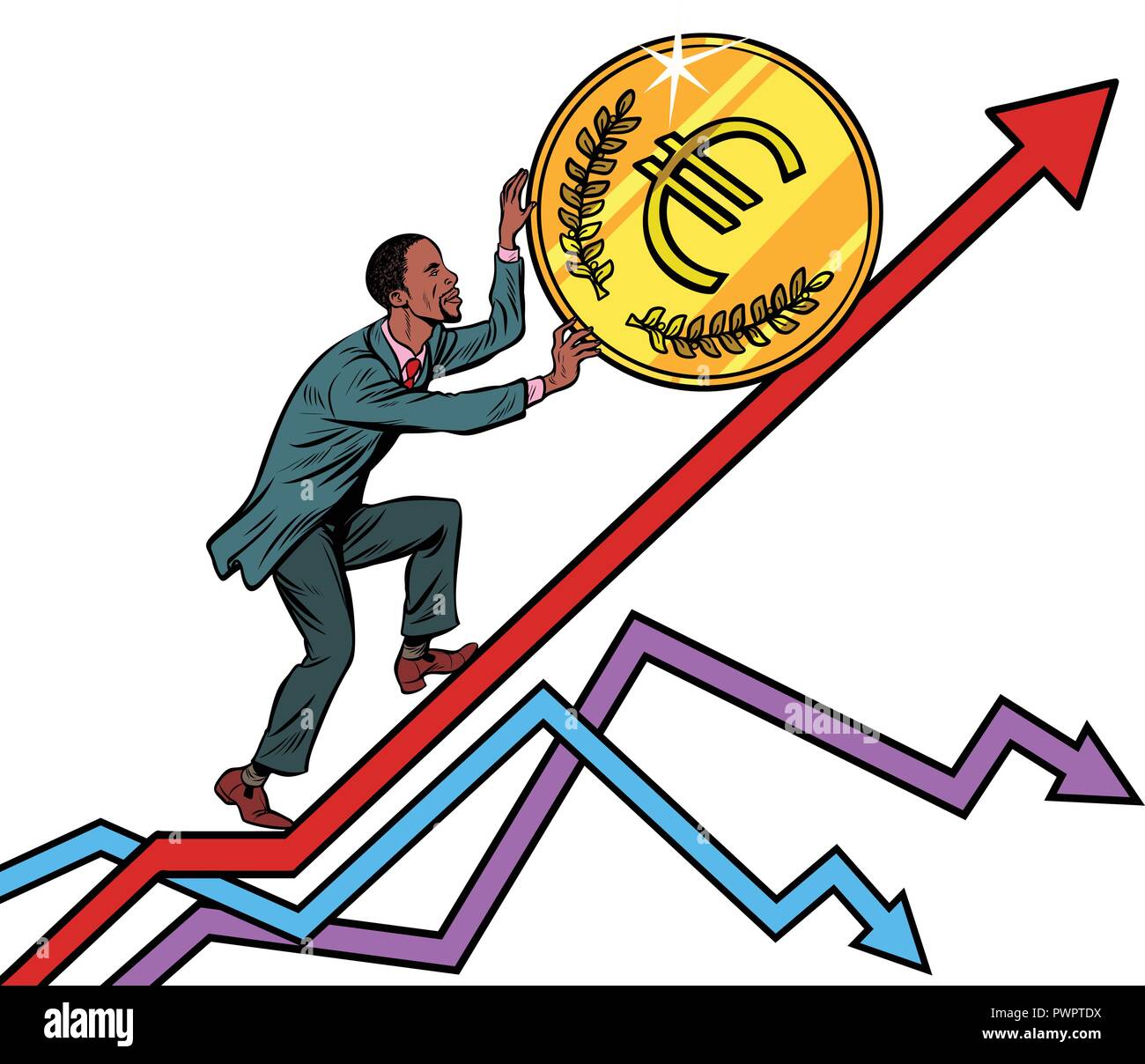 African American man roll a euro coin up. isolate on white background. Pop art retro vector illustration vintage kitsch Stock Vector