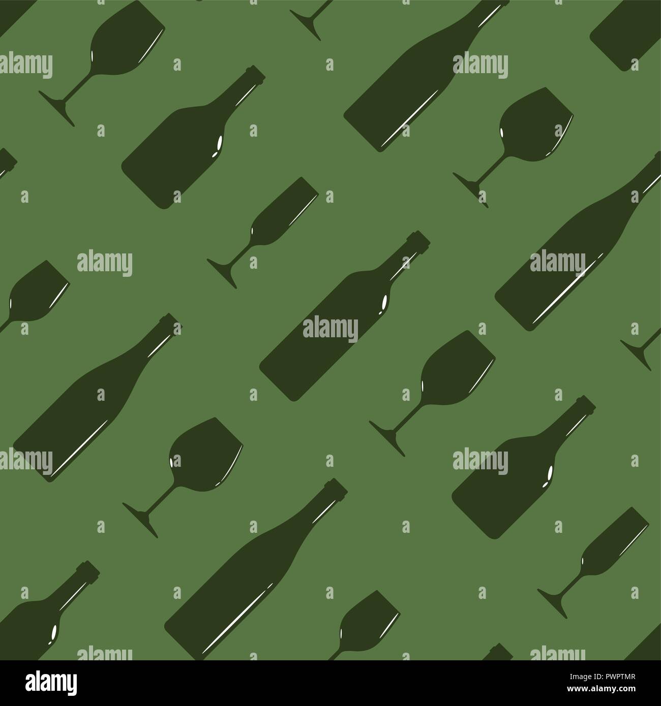 Vector seamless pattern with bottles of wine and wineglass on green ...