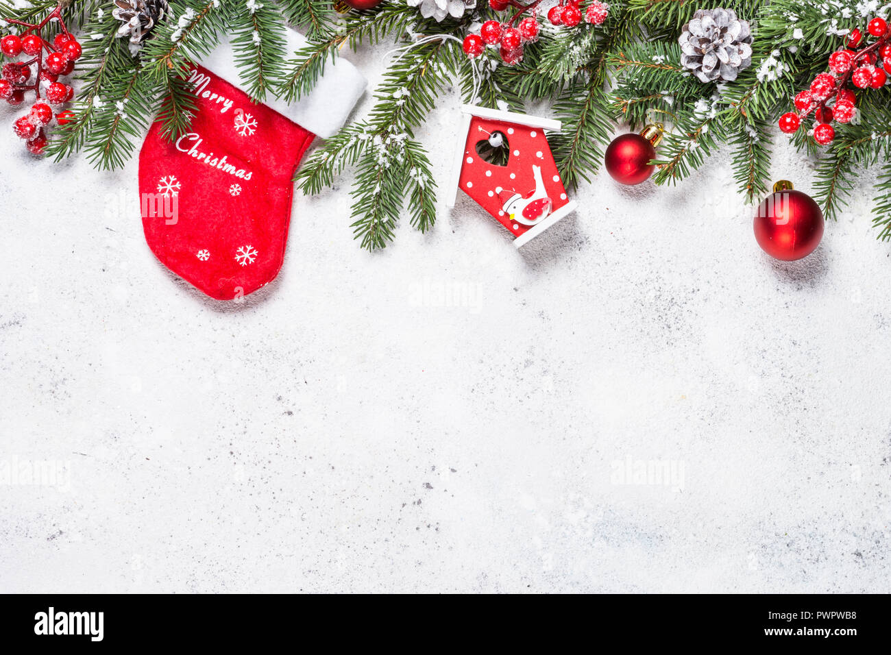 Christmas background with fir tree and decorations on white back Stock ...