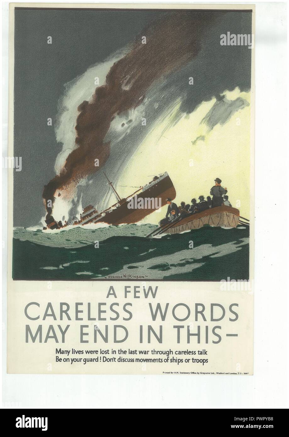Wartime poster by Norman Wilkinson warning public to watch their talk Stock Photo