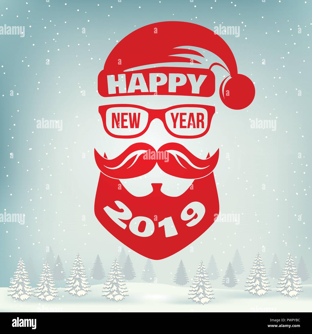 Happy New Year stamp, sticker set with Santa Claus. Vector illustration. Vintage typographic design for xmas, new year emblem in retro style. Happy 2019 New Year overlay. Stock Vector