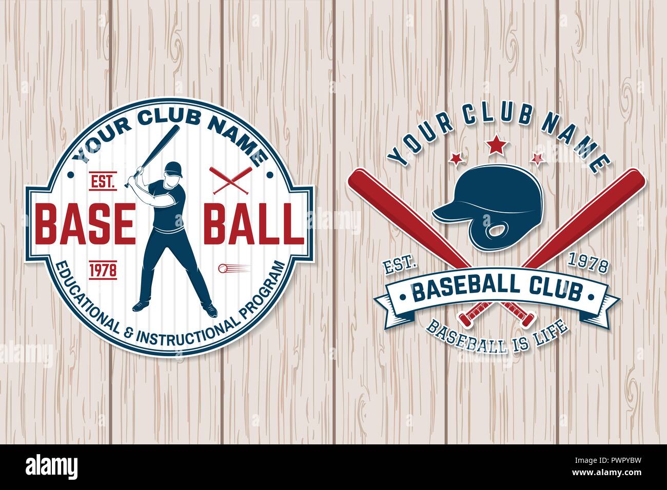 Set of baseball club badge. Vector illustration. Concept for shirt or logo, print, stamp, patch or tee. Vintage typography design with baseball bats, cap, ball for baseball silhouette. Stock Vector