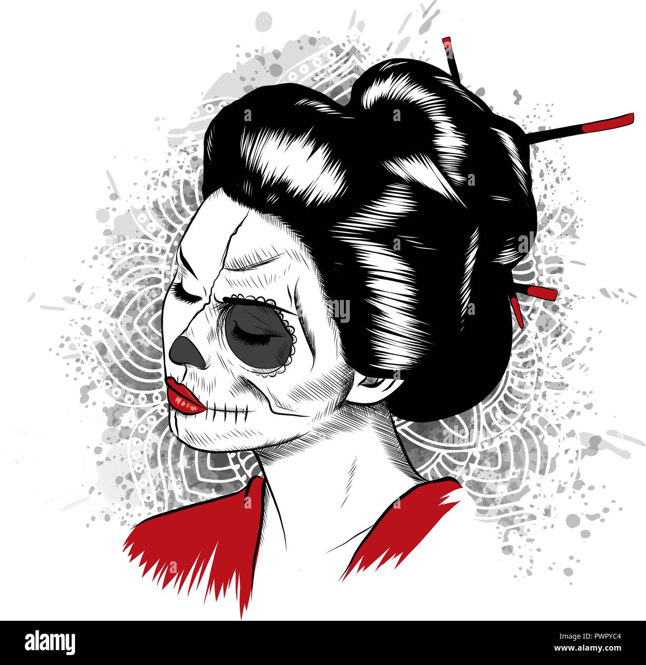 Vector black and white image of Japanese geisha skull woman with painted face. Stock Vector