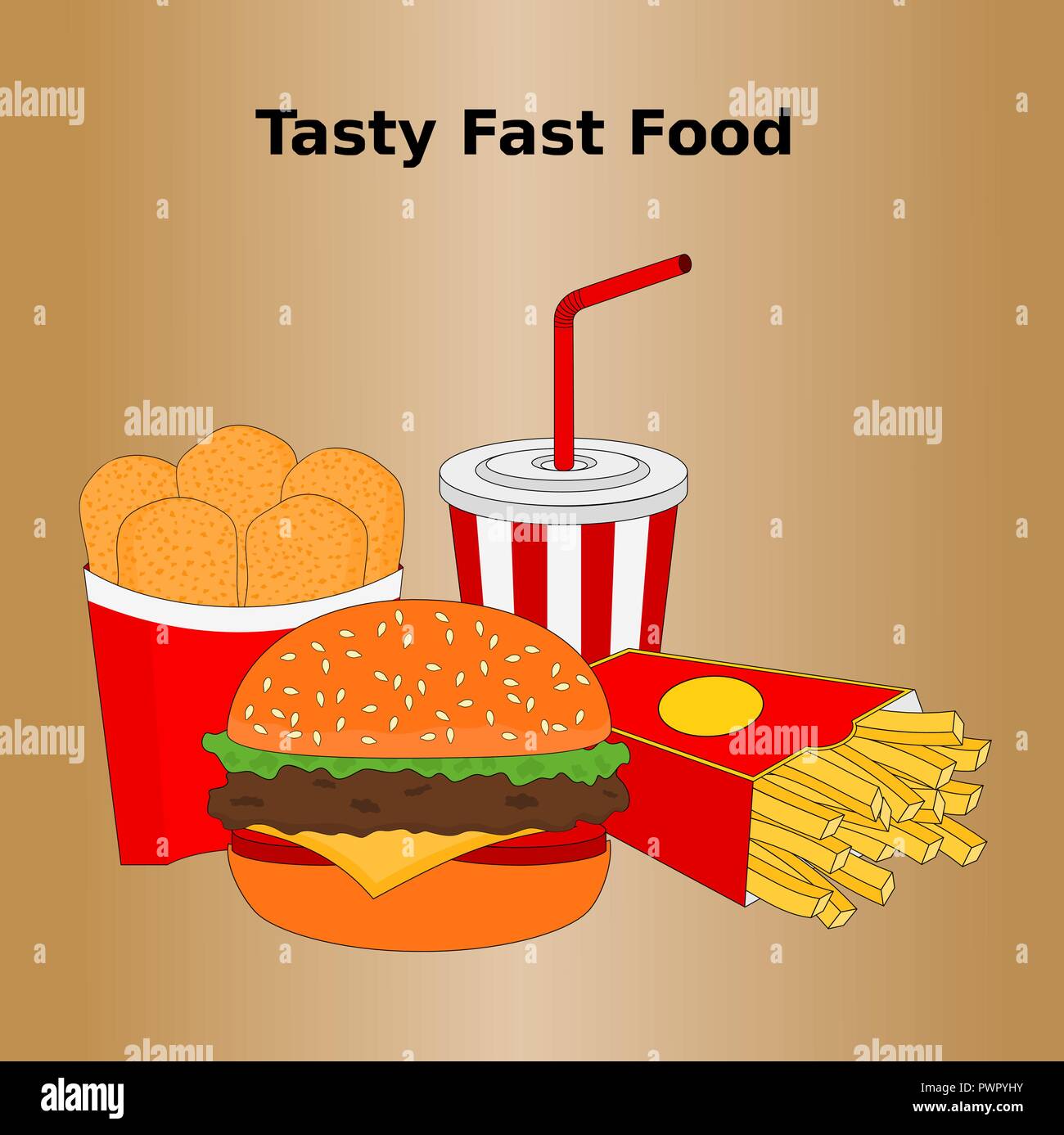 Tasty fast food menu with cheese burger , chicken nuggets and french fries Stock Vector