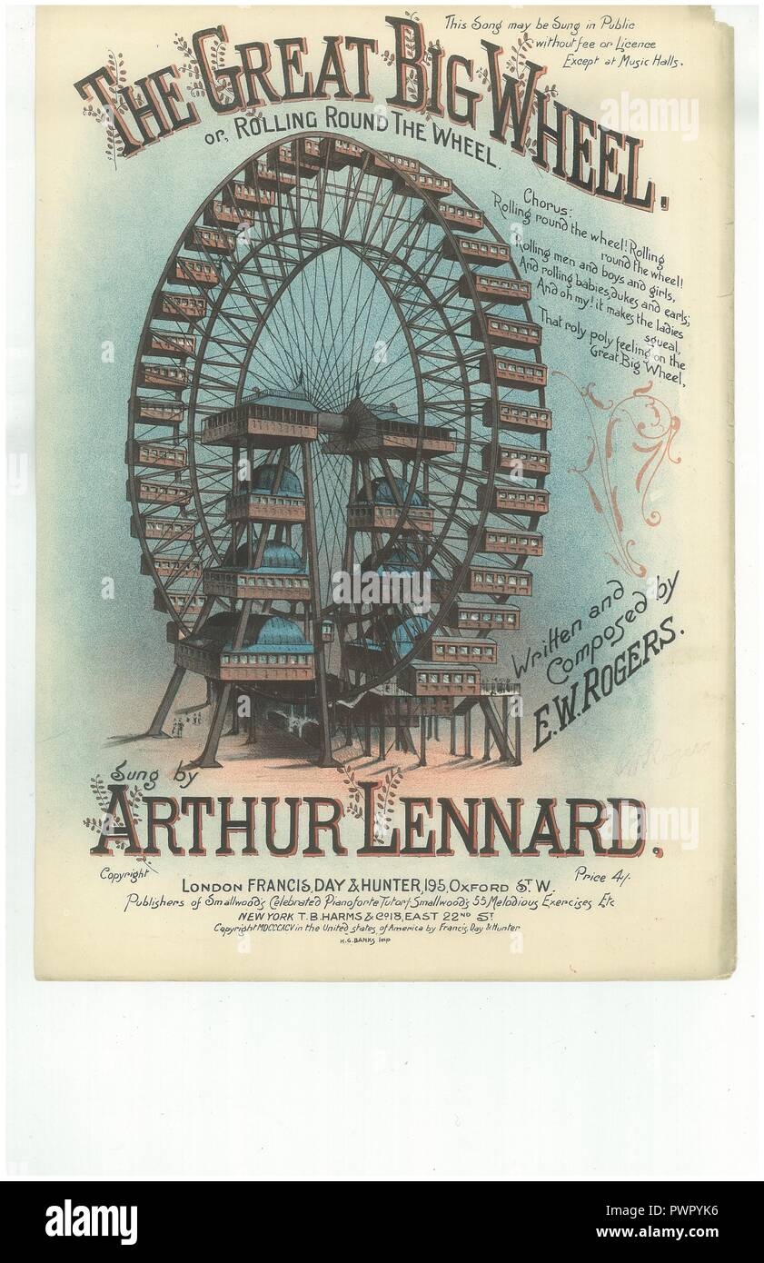 Victorian music sheet for The Great Big Wheel or Rolling Round the Wheel 1895 Stock Photo
