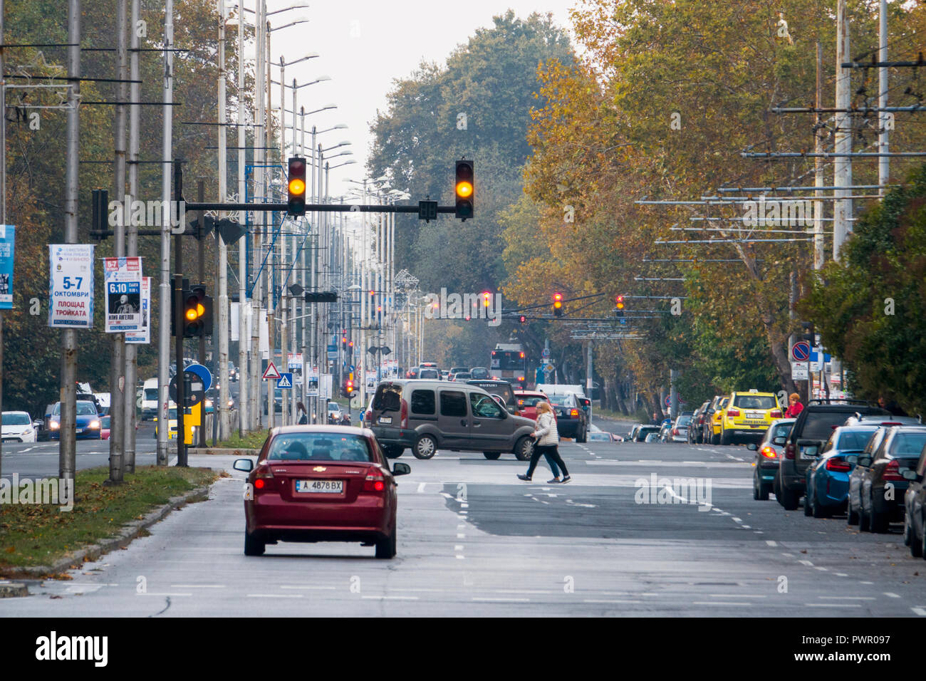 Traffic and pedestrians in Burgas, Bulgaria Stock Photo