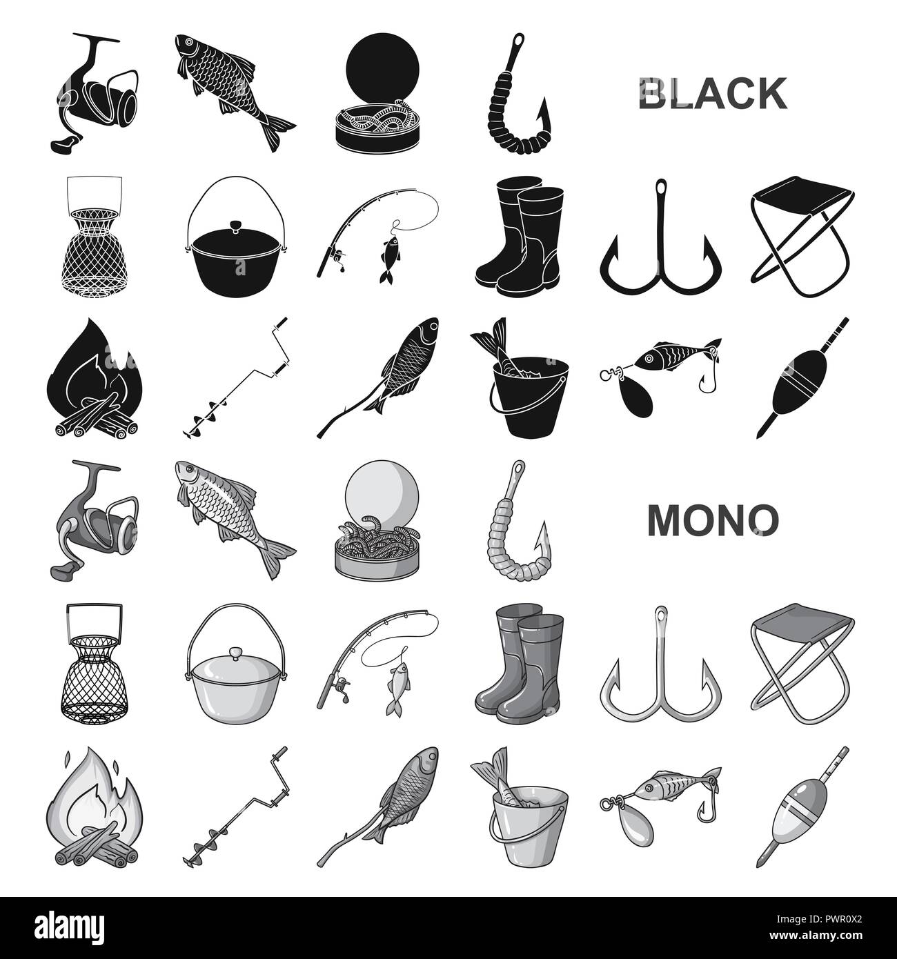 Fishing and rest black icons in set collection for design. Tackle for fishing vector symbol stock  illustration. Stock Vector