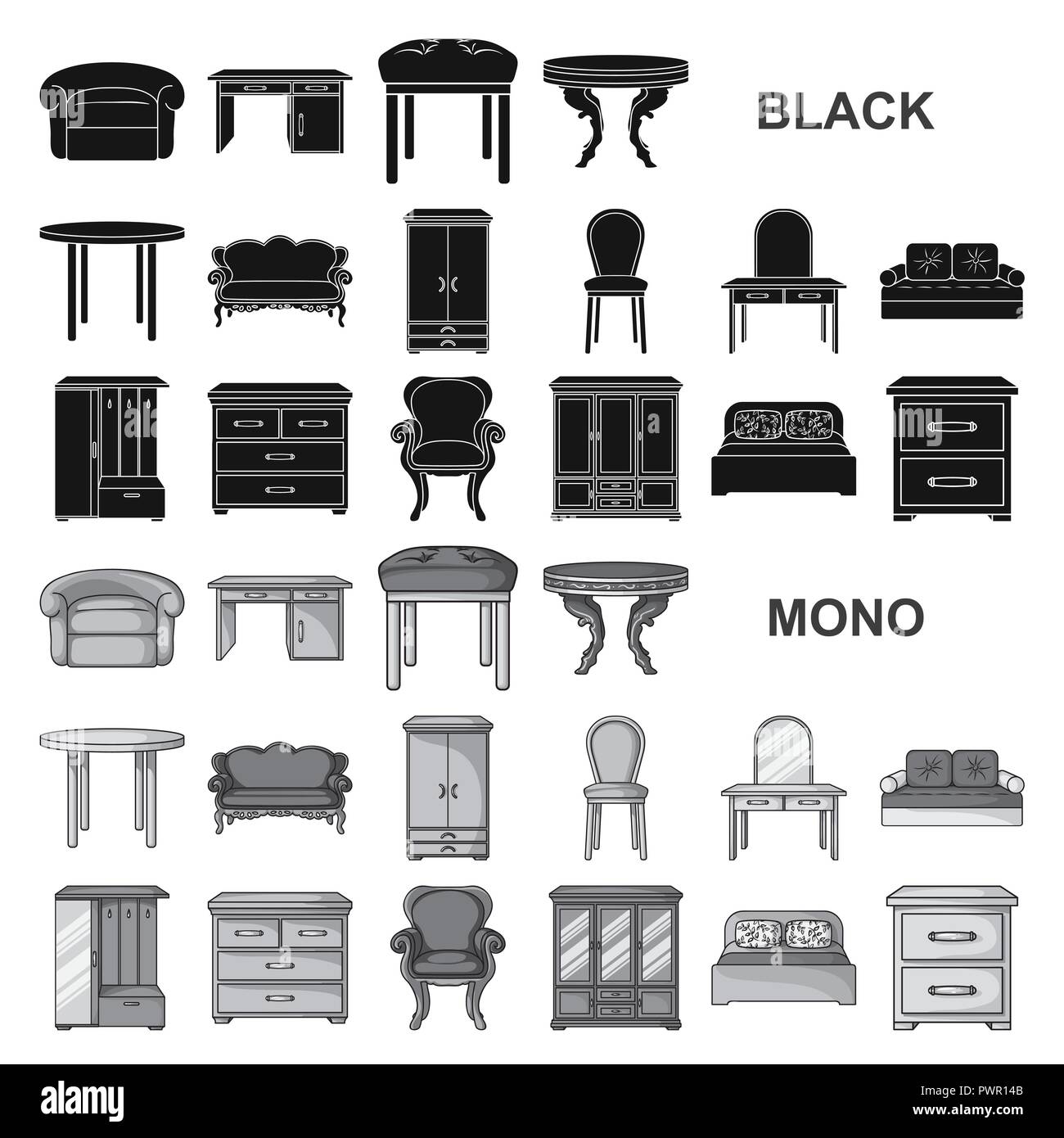 Furniture and interior black icons in set collection for design.Home furniture vector symbol stock  illustration. Stock Vector