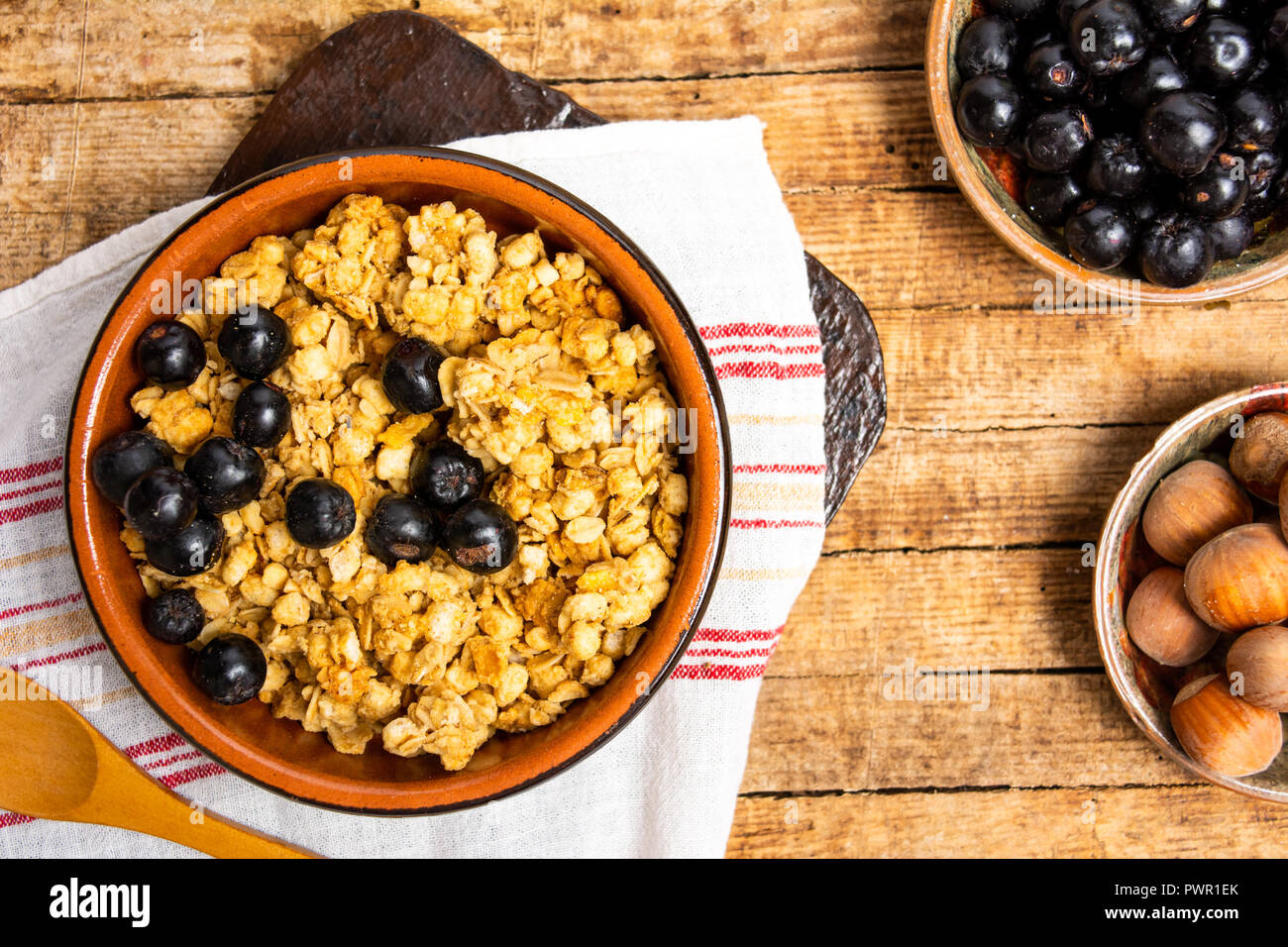 Breakfast cereals with berry fruit in a bowl top view Stock Photo