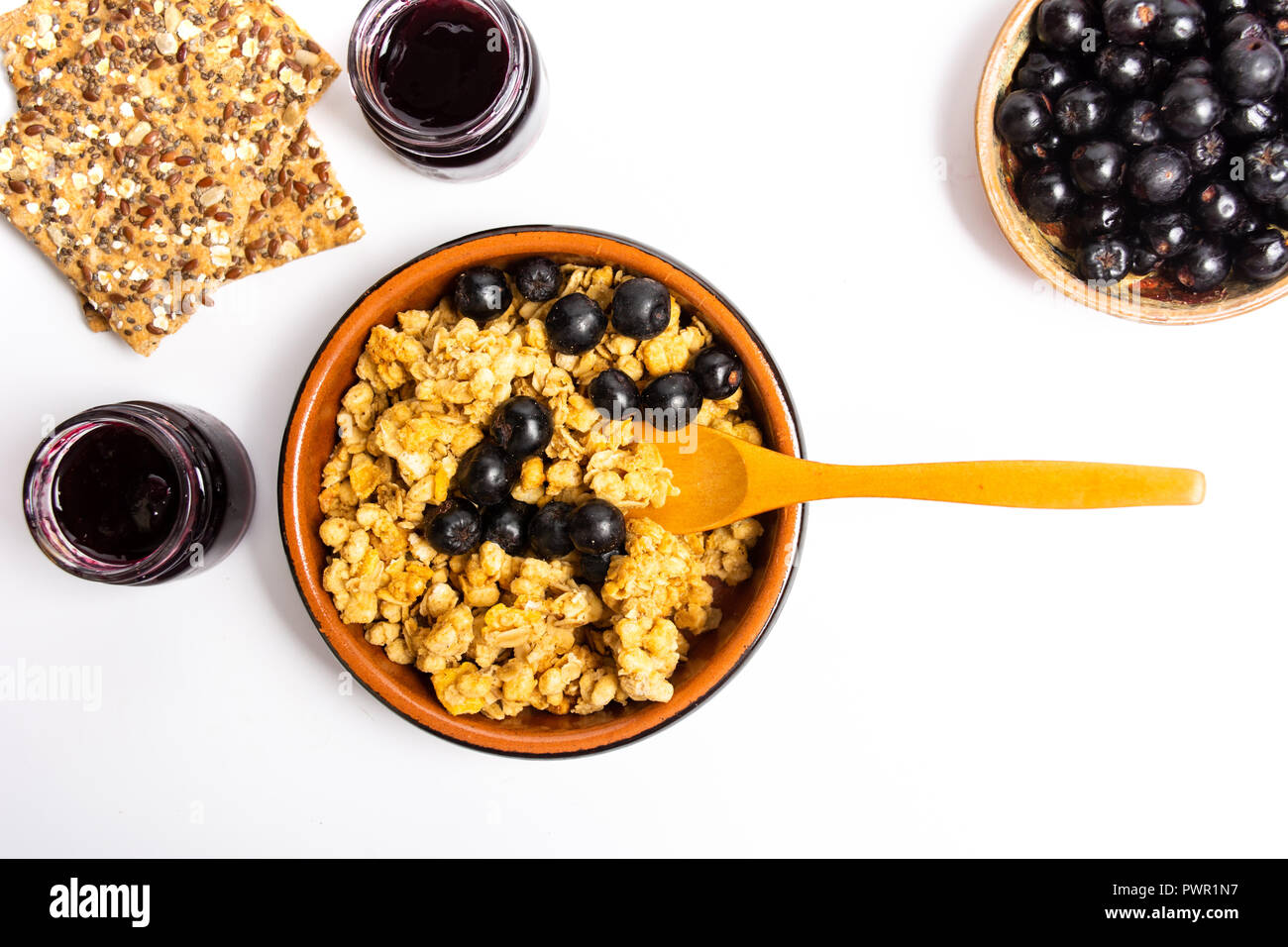 Breakfast cereals with berry fruit in a bowl top view Stock Photo