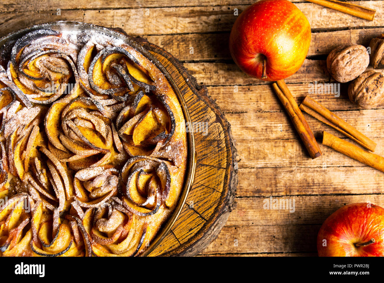 Homemade apple pie with cinnamon on a table Stock Photo