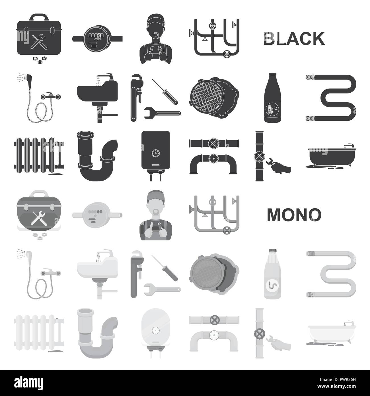 Plumbing, fitting black icons in set collection for design. Equipment and tools vector symbol stock  illustration. Stock Vector