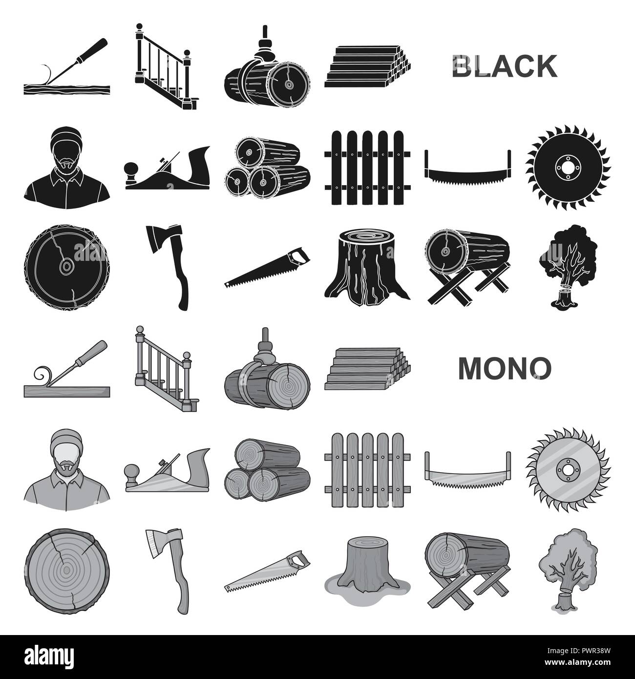 Sawmill and Timber black icons in set collection for design. Hardware and Tools vector symbol stock  illustration. Stock Vector