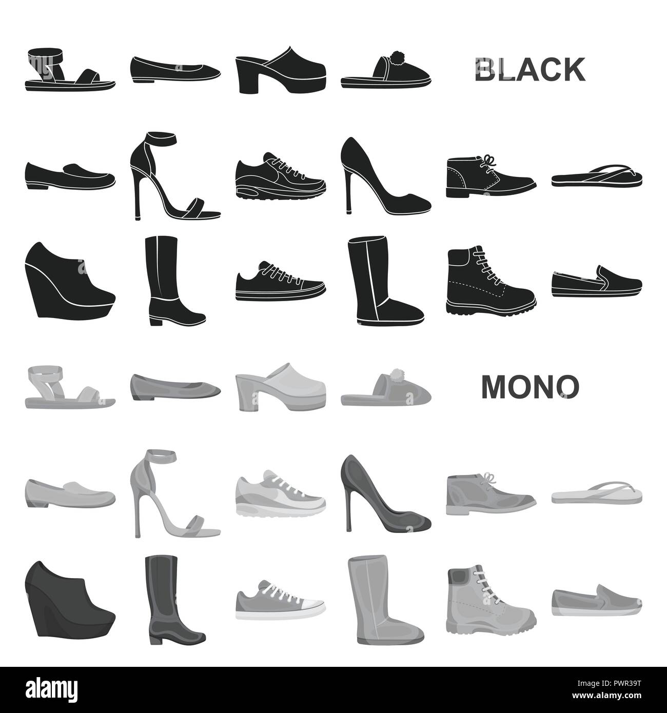 A variety of shoes black icons in set collection for design. Boot