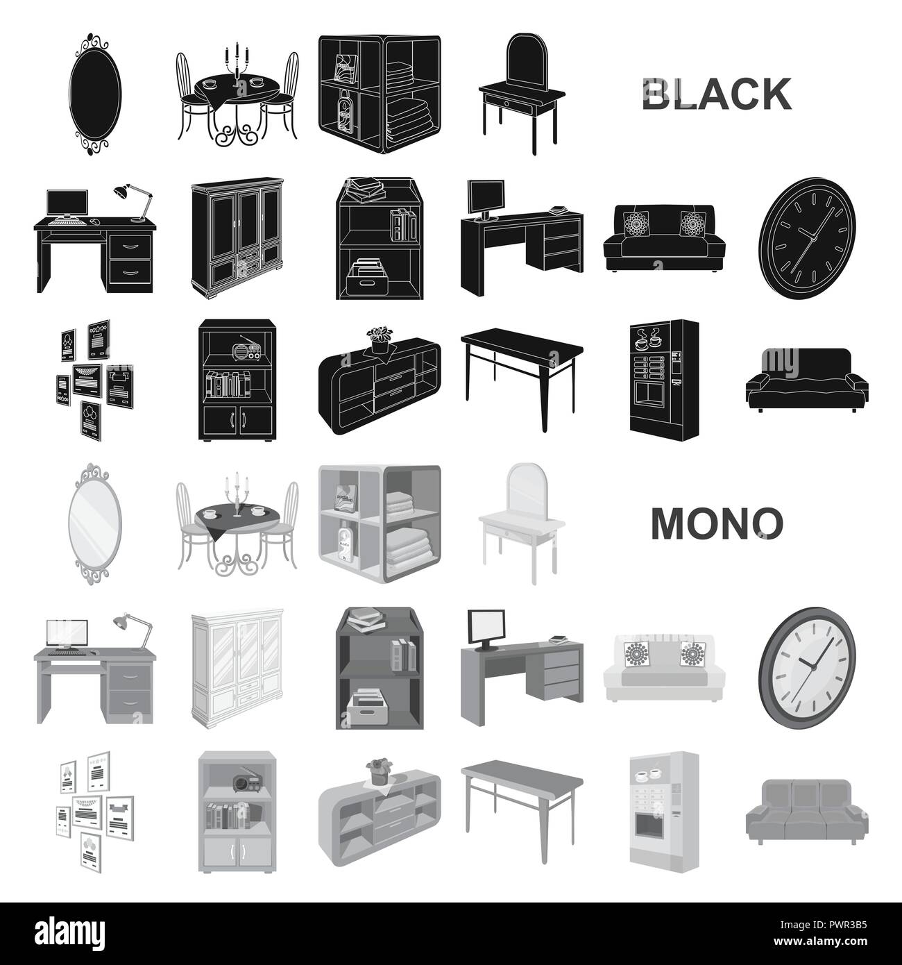 Furniture and interior black icons in set collection for design. Home ...