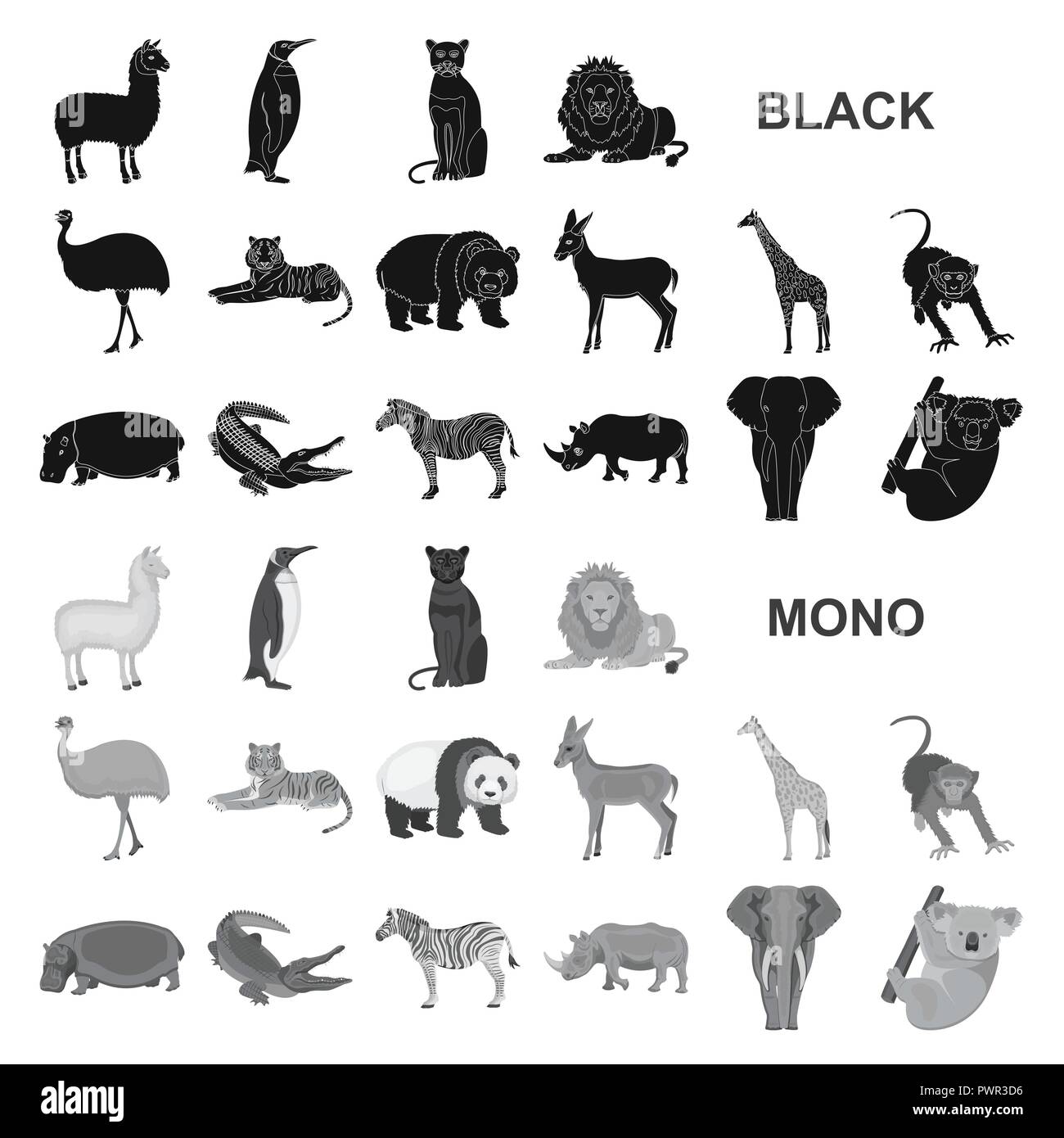 Different animals black icons in set collection for design. Bird