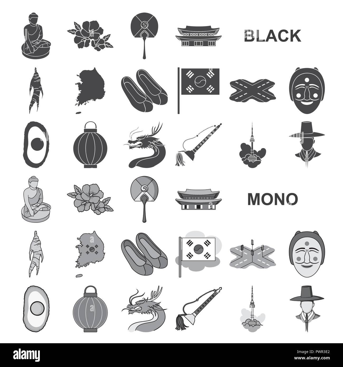 Country South Korea black icons in set collection for design.Travel and ...