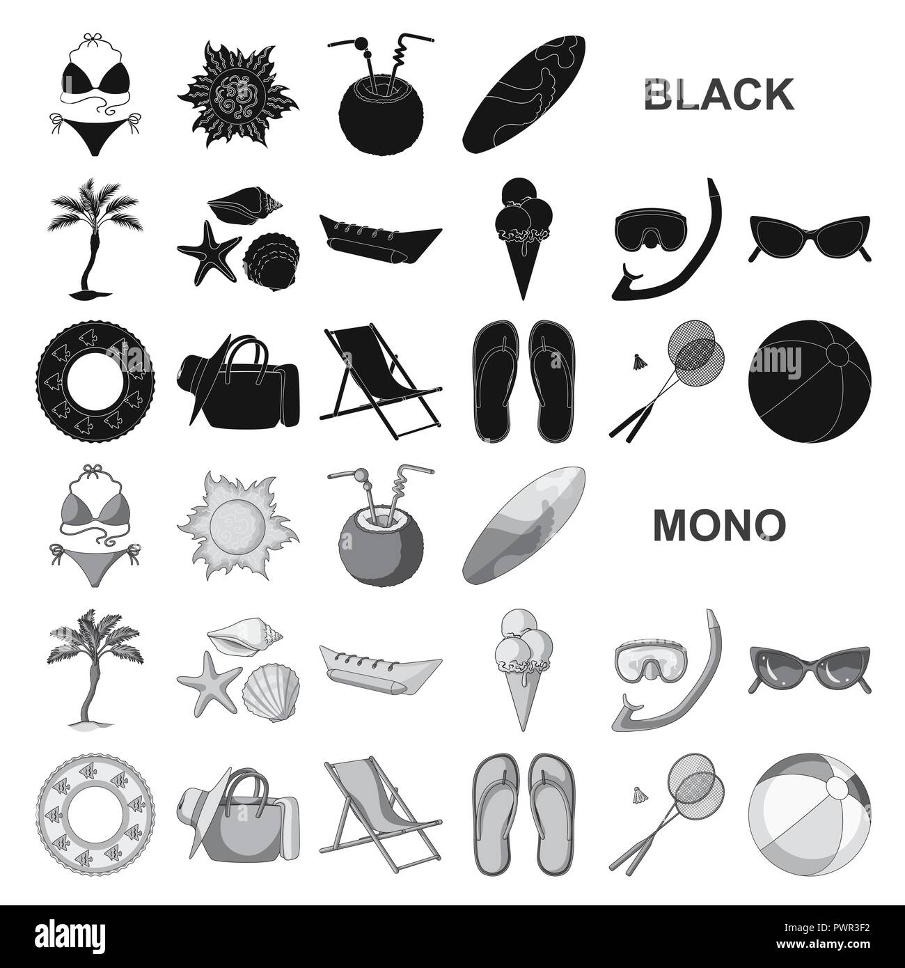 Summer rest black icons in set collection for design. Beach accessory ...