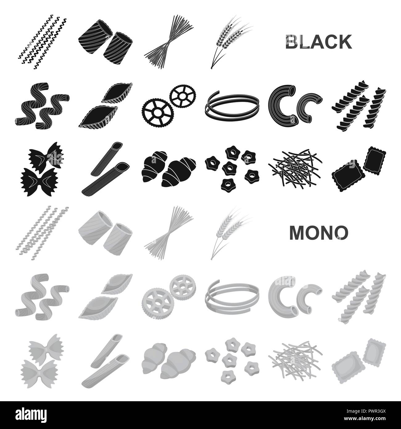 Types of pasta black icons in set collection for design. Figured ...