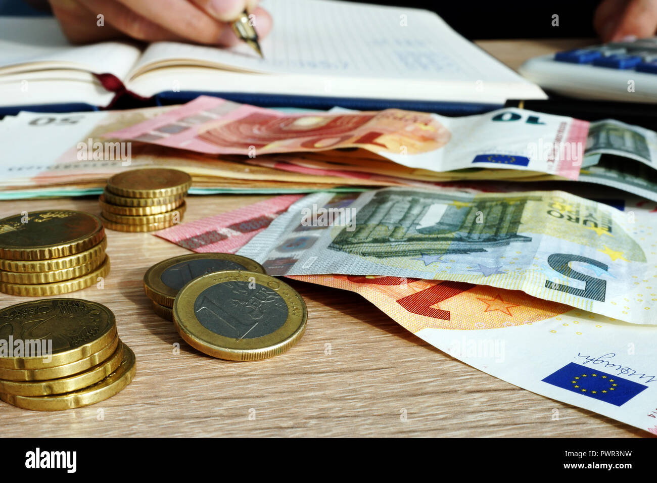 Euro banknotes and coins and man which makes financial calculations. Home finances. Stock Photo