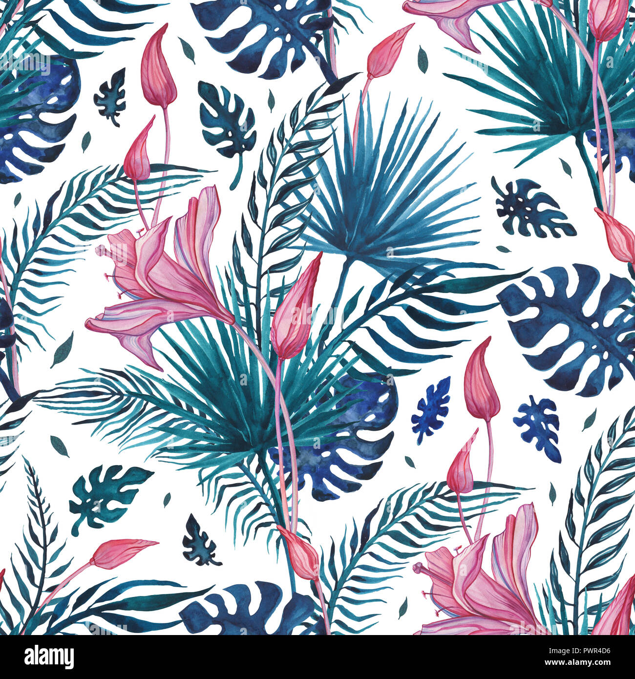 Beautiful Tropical flowers, seamless pattern. Watercolor hand drawn ...