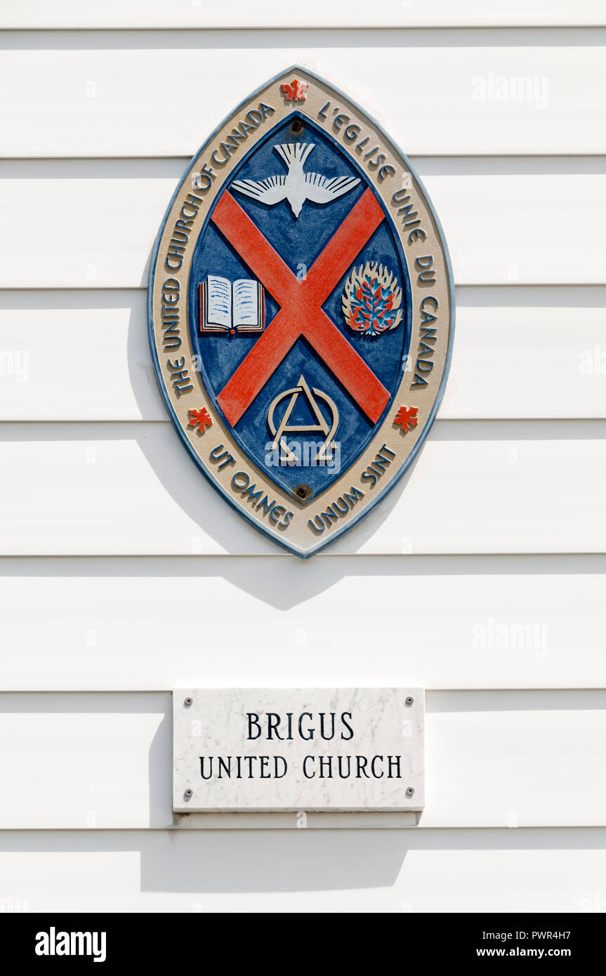 Bilingual sign for the United Church of Canada on Brigus United Church. Stock Photo