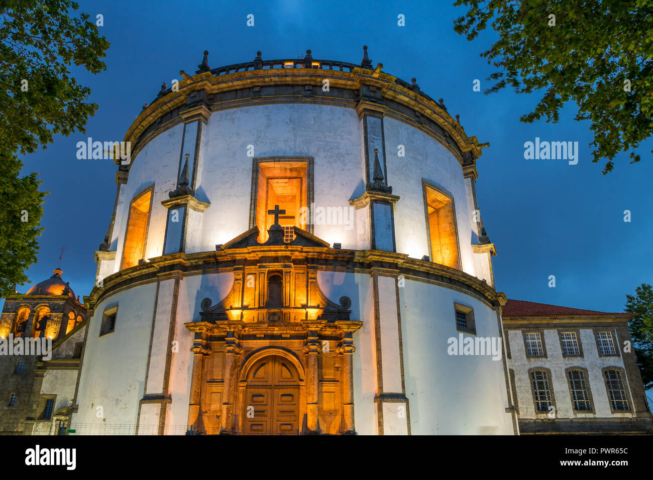Illuminated Serra do Pilar Monastery at dusk, Porto, Portugal, Europe Stock Photo