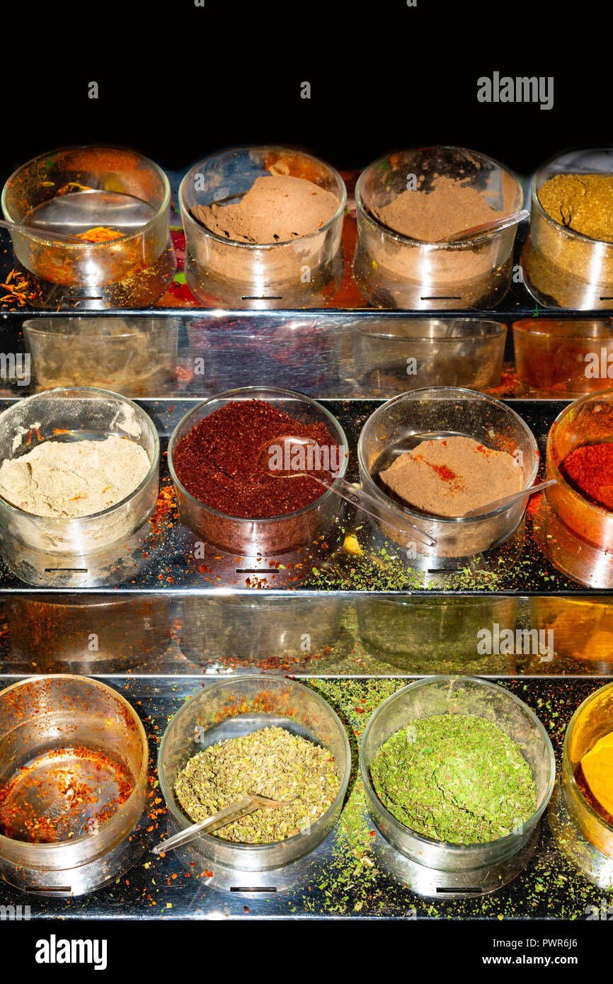Indian Spice Color spices,Indian spices, color full spices in glass bowls, with plastic ...