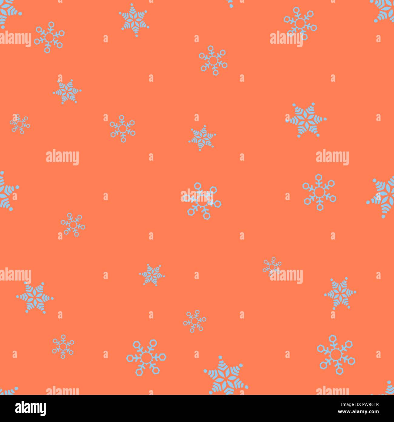 Blue snowflakes seamless pattern. Orange background. Vector illustration. Stock Vector
