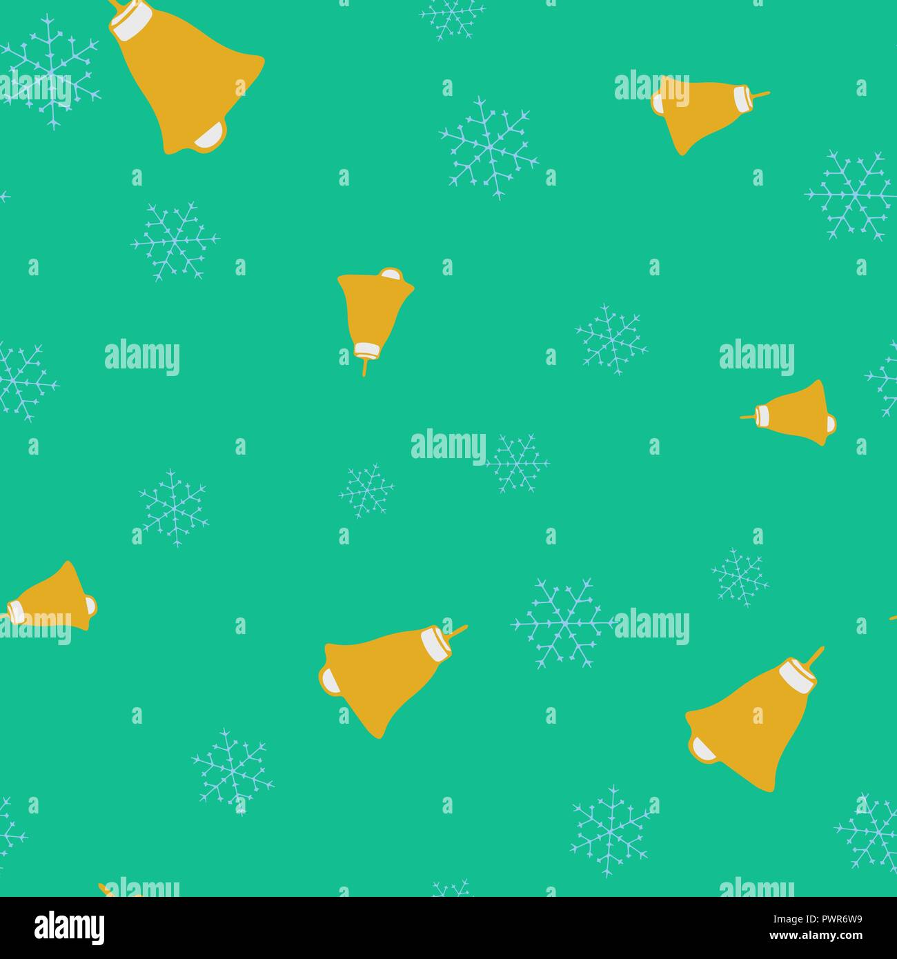 Golden bells and snowflake seamless pattern. Turquoise background. Vector illustration. Stock Vector