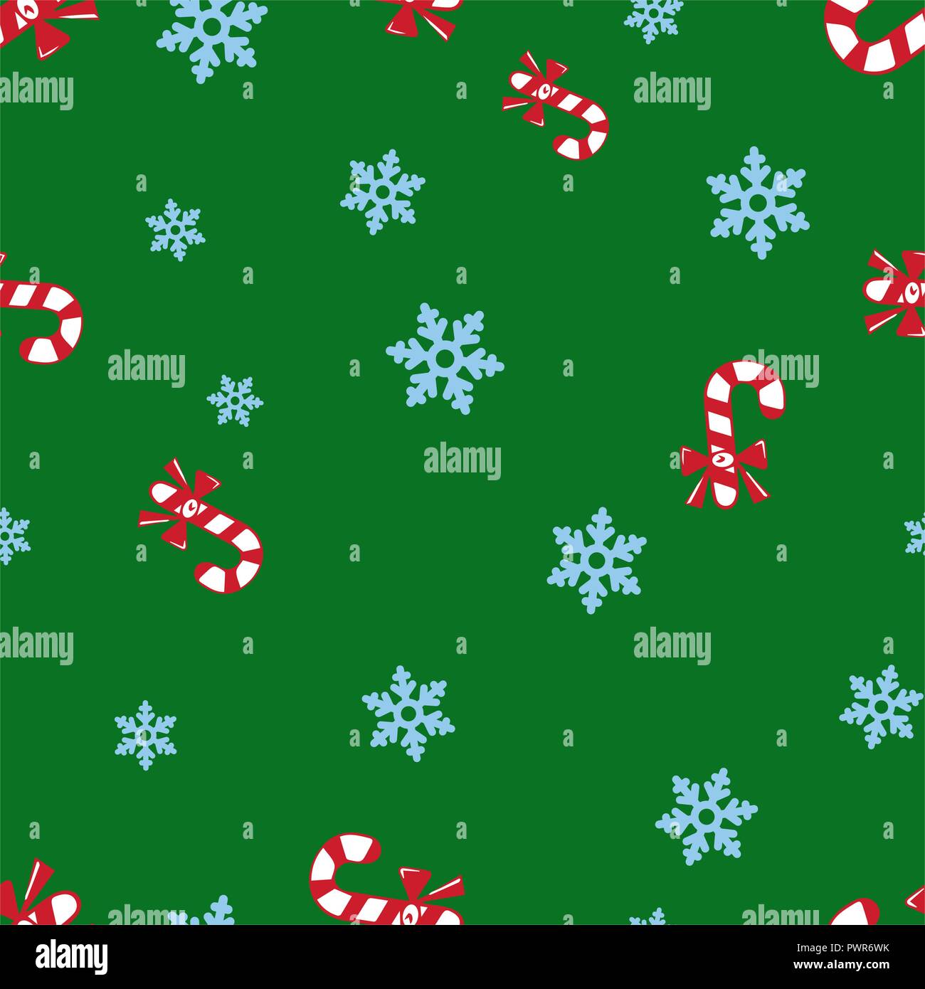 Christmas candy cane and snowflake seamless pattern. Green background. Vector illustration. Stock Vector