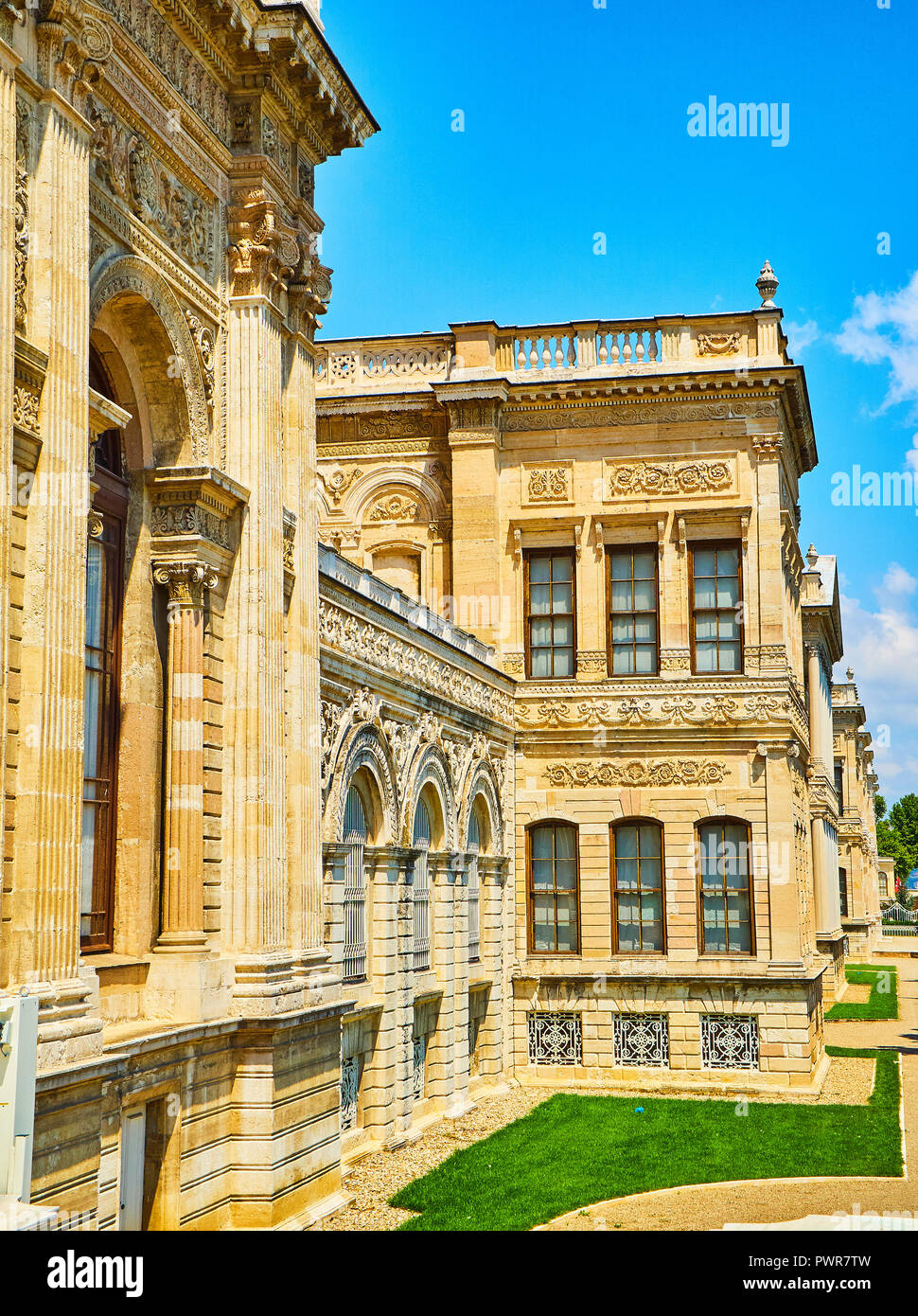 Coastal facade of the Dolmabahce Palace facing the Bosphorus, located in the Besiktas district. Istanbul, Turkey. Stock Photo