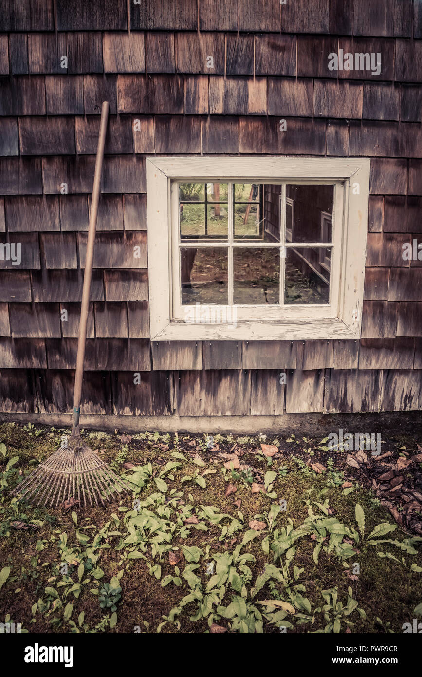 Vintage home scene with an old rake near a multi-paned window processed with coloration. Stock Photo