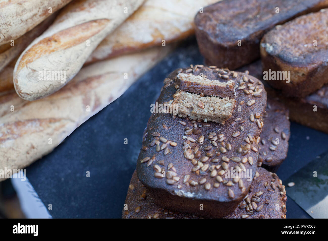 Assortment of fresh baked bread. Borodinsky bread is a traditional
